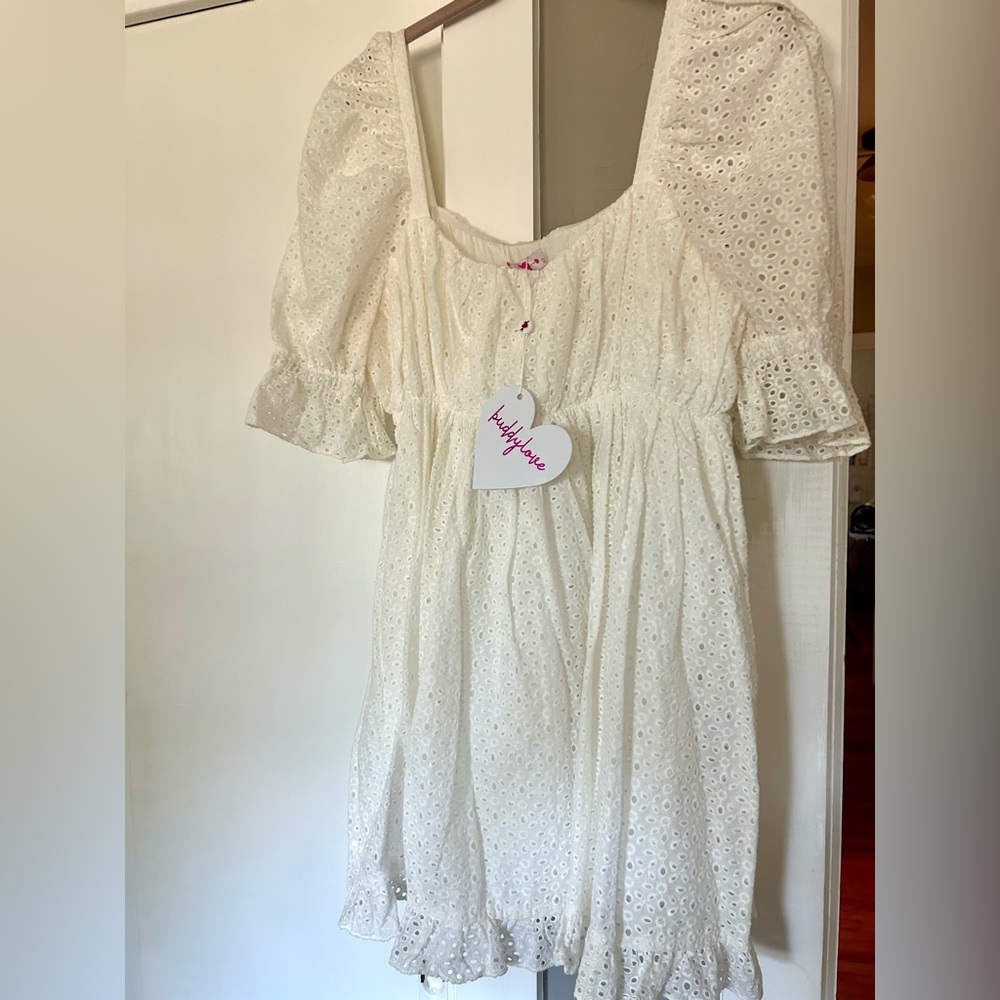 NWT Buddy Love Valentina White Eyelet Mini Dress with Puff Sleeves- Size L - Picture 3 of 8
